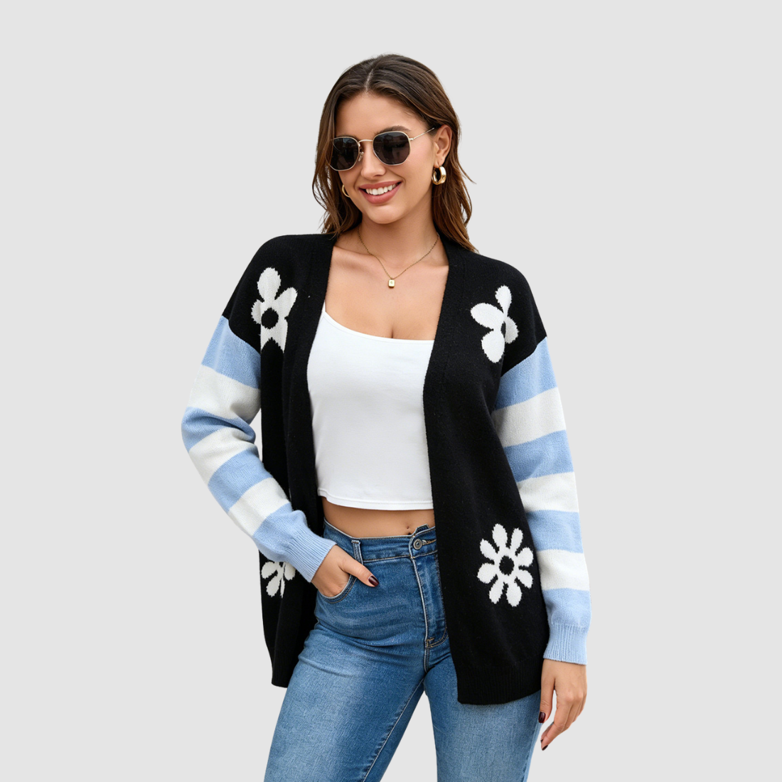 Wholesale Women’s Contrast Flower Stripe Knit Cardigan