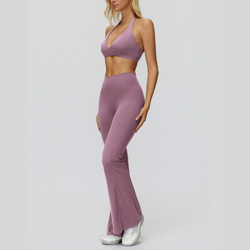 Halter sports bra+High waisted flared pants 2-piece set
