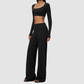 Wholesale Women's Brushed Yoga Set: Long-Sleeve Crop Top & Foldover Wide-Leg Pants