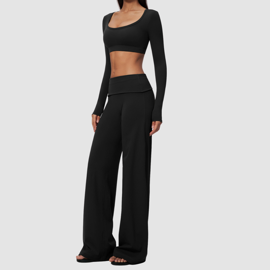 Wholesale Women's Brushed Yoga Set: Long-Sleeve Crop Top & Foldover Wide-Leg Pants