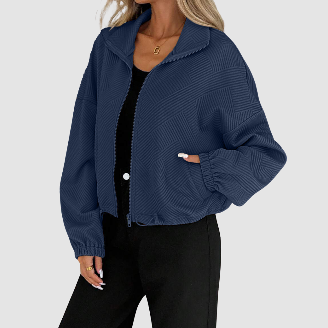 Wholesale Women's Stand-Collar Zip Jacket – Loose Drawstring Pocket Outerwear