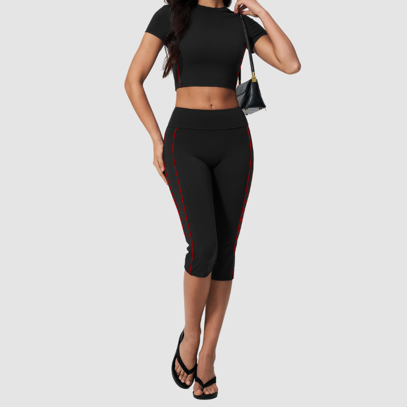 Wholesale Women's Brushed Contrast Piping Short Sleeve Crop Top & Button-Up Cropped Pants Set