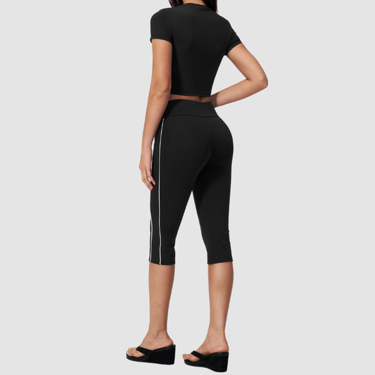 Wholesale Women's Brushed Contrast Piping Short Sleeve Crop Top & Button-Up Cropped Pants Set