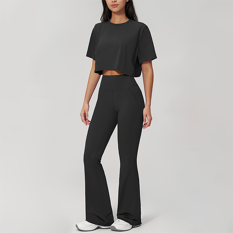 Wholesale round neck short sleeved top+flared pants 2-piece set