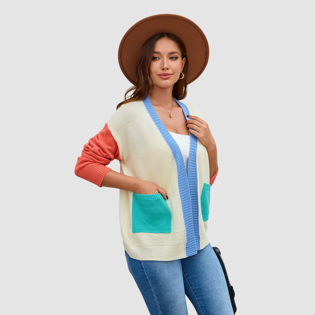 Wholesale Women’s Contrast Pocket Open-Front Knit Cardigan