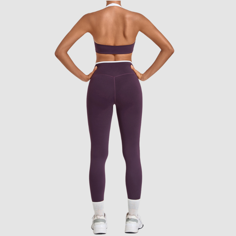 Wholesale Halter Neck Colorblock Yoga Set Sports Bra & Leggings – Naked Feel with Pocket