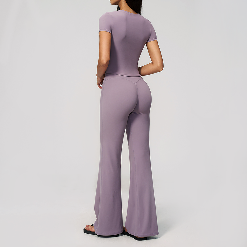 Wholesale Women's Buttery Soft Short Sleeve Crop Top & Flare Pants Yoga Set