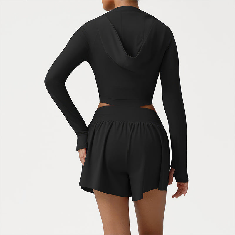 Wholesale hooded jacket + loose-fitting athletic shorts