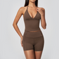 Wholesale Women's Halter Neck Yoga Set – Deep V-Neck Bra & High-Waist Shorts