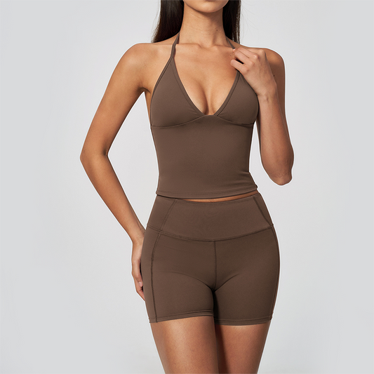 Wholesale Women's Halter Neck Yoga Set – Deep V-Neck Bra & High-Waist Shorts