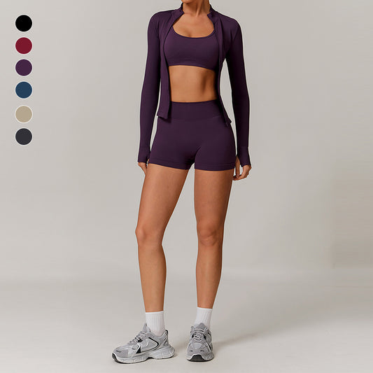 Seamless yoga bra + Full Zipper jackets + high waist shorts 3-piece set
