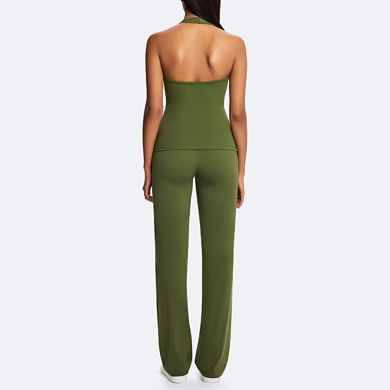 Classic halter-neck open-back tank top + loose-fitting pants 2-piece set