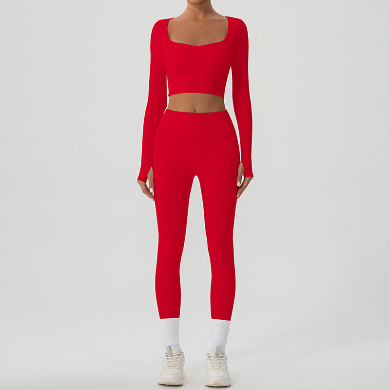 Snug-fit U-neck ​Cropped Long Sleeves + High-waisted Leggings 2-Piece Set