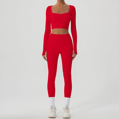 Snug-fit U-neck ​Cropped Long Sleeves + High-waisted Leggings 2-Piece Set