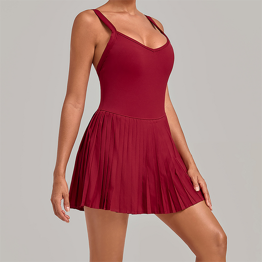 Wholesale Women's Fake Two-Piece Tennis Dress – Anti-Exposure Pleated Yoga Skirt w/ Built-in Shorts