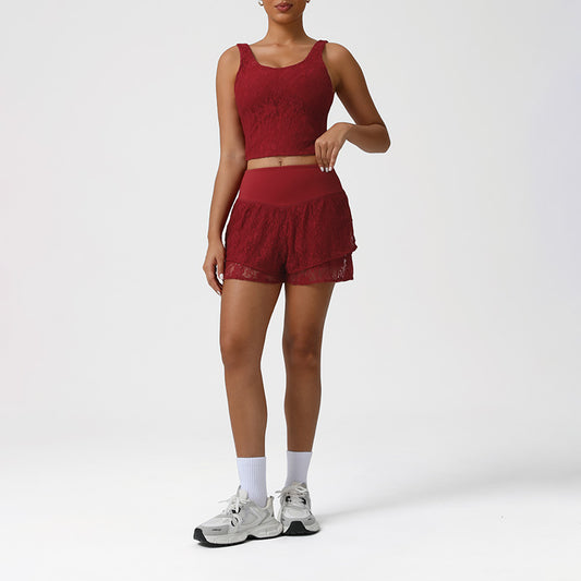 Lace Low-Cut Crop Top + Elastic Waistband Anti-Exposure Shorts 2-Piece Set