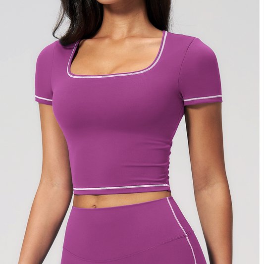 Wholesale Women's Seam-Detail Colorblock Short Sleeve Crop Top – Butt-Lifting Yoga Gym Activewear FDX2036