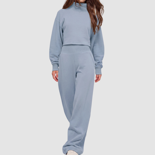 Wholesale Women's Mock Neck Sweatshirt & Wide-Leg Pants Sports Set