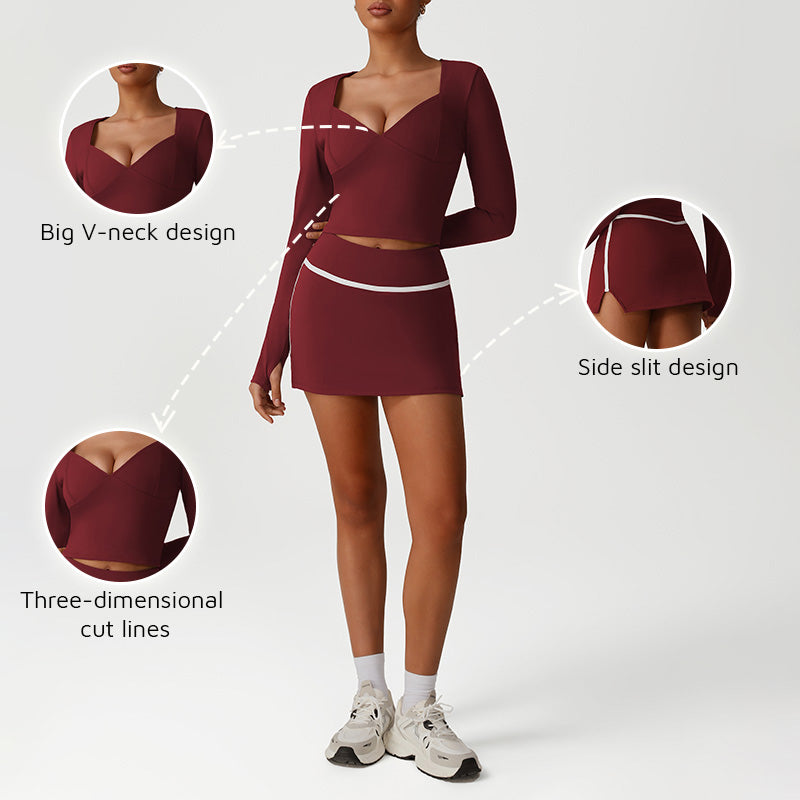 Snug-Fit Low-Cut Long Sleeves + Elastic Waistband Skirt 2-Piece Set