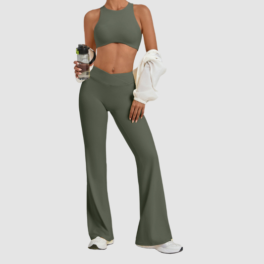 Wholesale Women's Sleeveless Yoga Set – Tummy Control Butt-Lifting Flare Pants 1081+9089