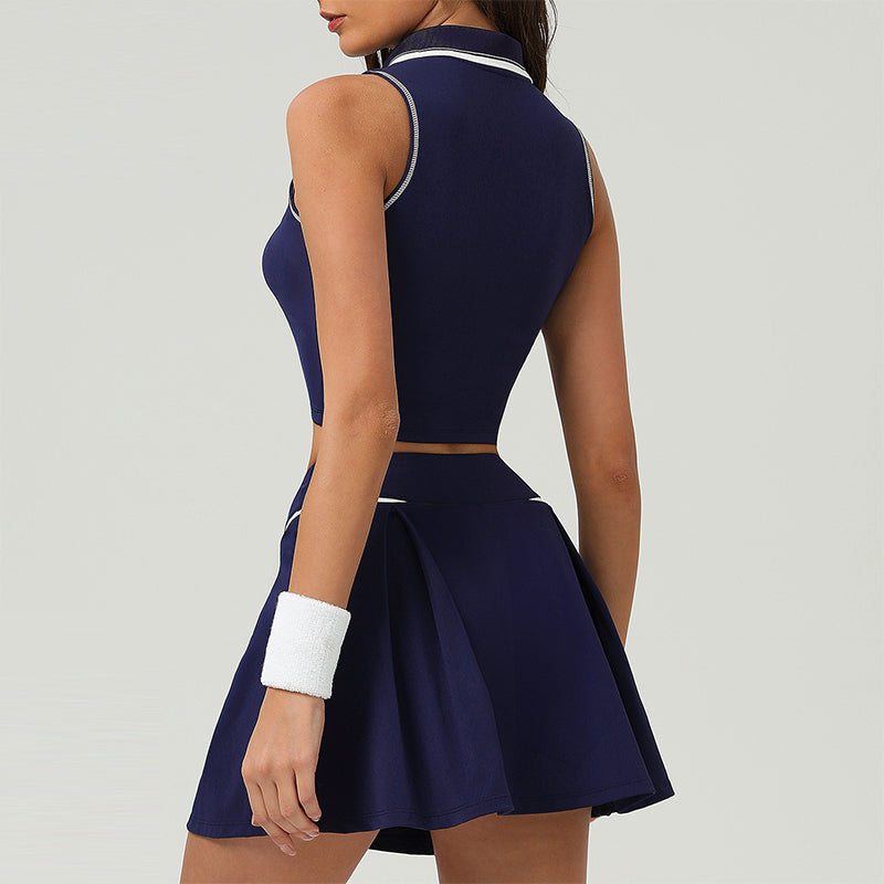 Lapel Sports Crop Top + Pleated Skirt 2-Piece Set