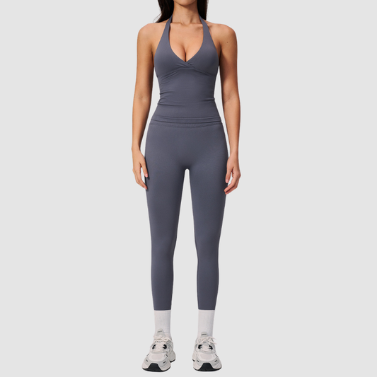 Wholesale Women's Halter Sports Bra & Full-Length Leggings Set – Seamless Peach-Lift Yoga Activewear