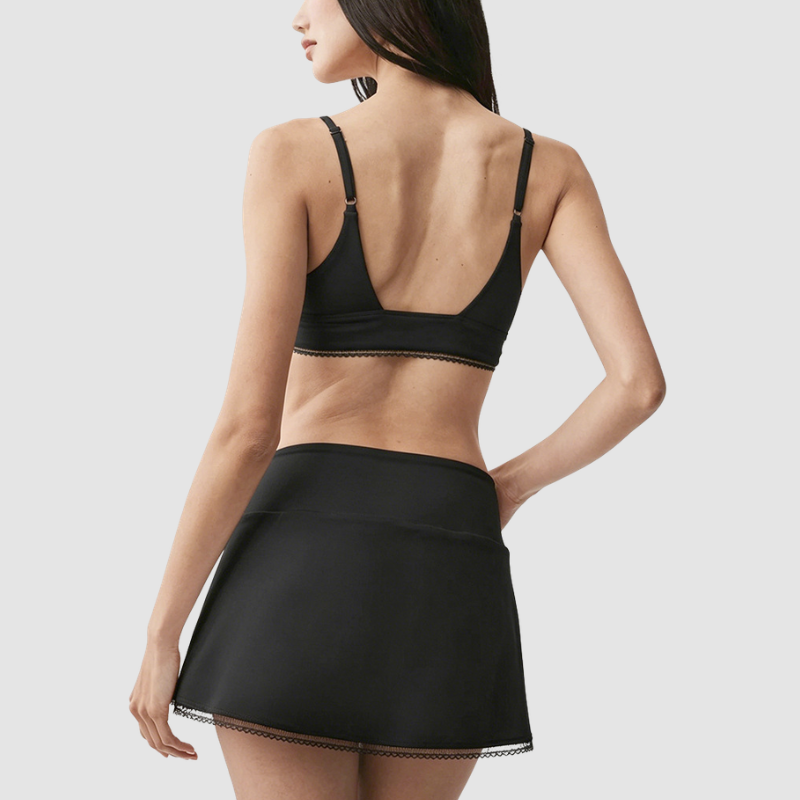 Wholesale Women's Lace Trim Bra & Mini Skirt & Cardigan 3-Piece Yoga Set