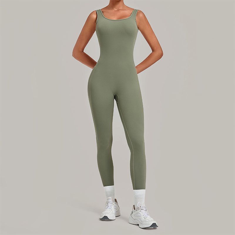 Wholesale Women's Brushed Yoga Jumpsuit – Open-Back Slim Fit Athletic Bodysuit w/ Chest Pad