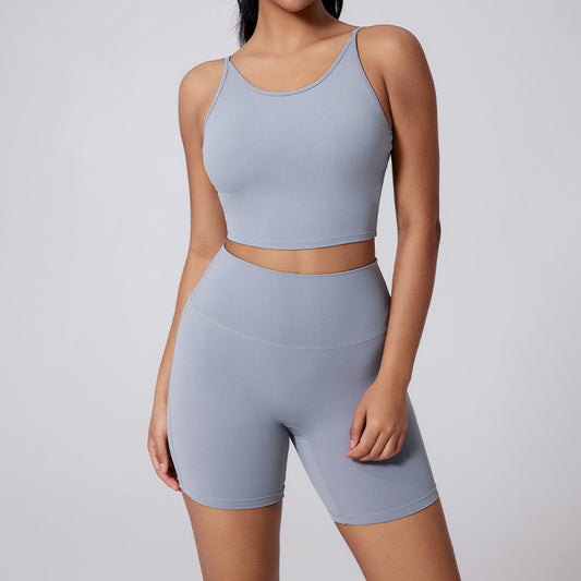 Thin straps yoga tank top + High-waisted shorts 2-piece set