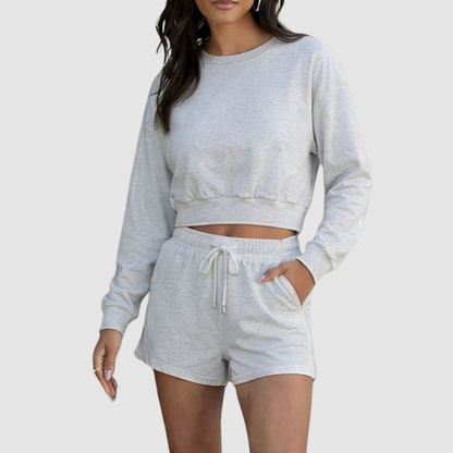 Wholesale Women's Crew Neck Long Sleeve Loose Sweatshirt Set – Casual Pullover Top + Shorts