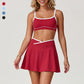Wholesale sports color-blocked bra + A-line skirt 2-piece set