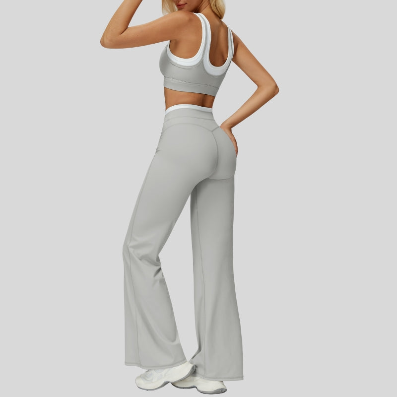 Contrast color sports bra + sport slightly flared pants 2-piece set