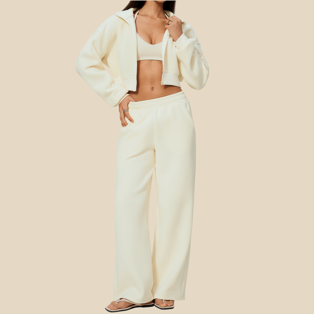 Wholesale Women's Activewear High-neck zip-up Jacket+Fleece-lined wide-leg pants Set