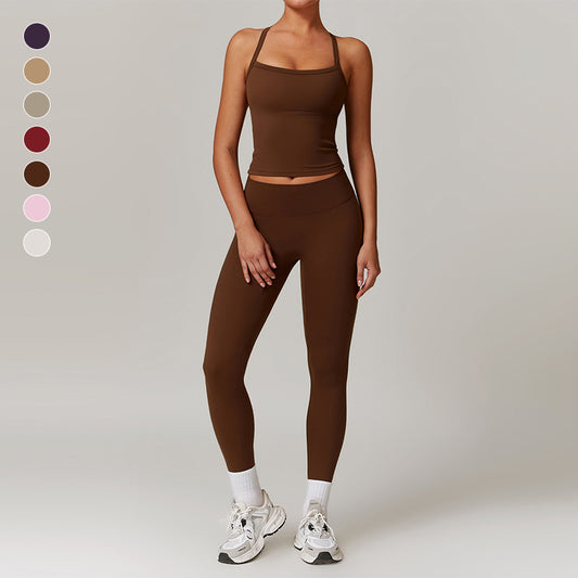 Tapa del tanque de yoga de cruz cepillado + Leggings de cintura alta de 2 piezas