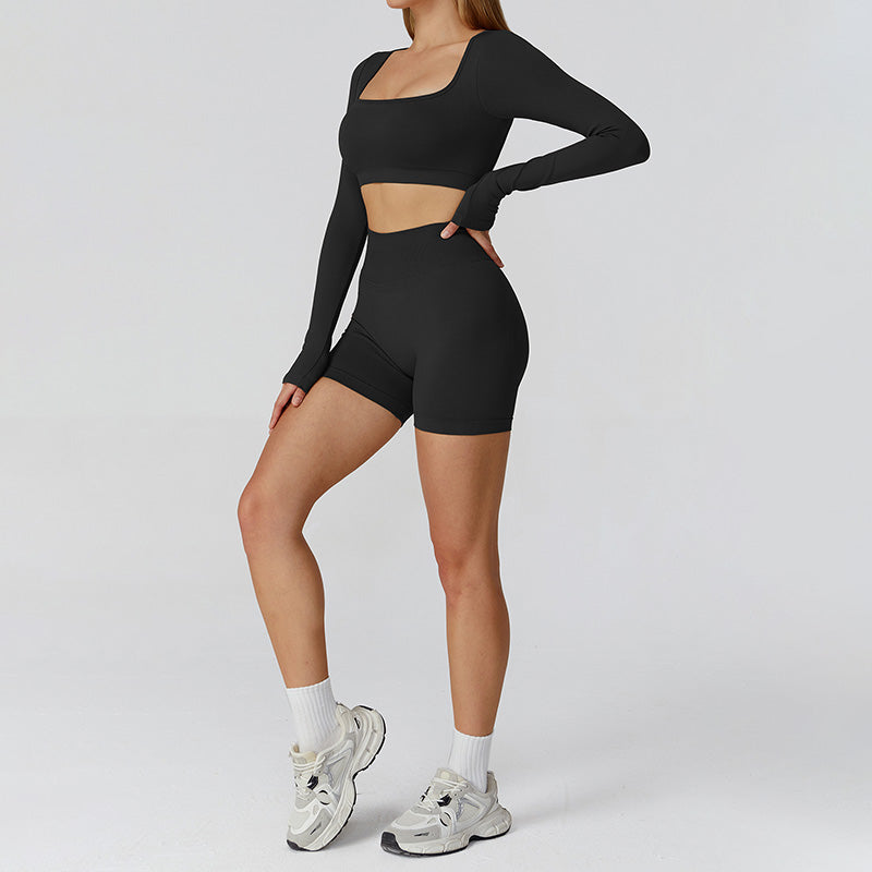 Sports de manga longa e contínua top + shorts de cintura alta