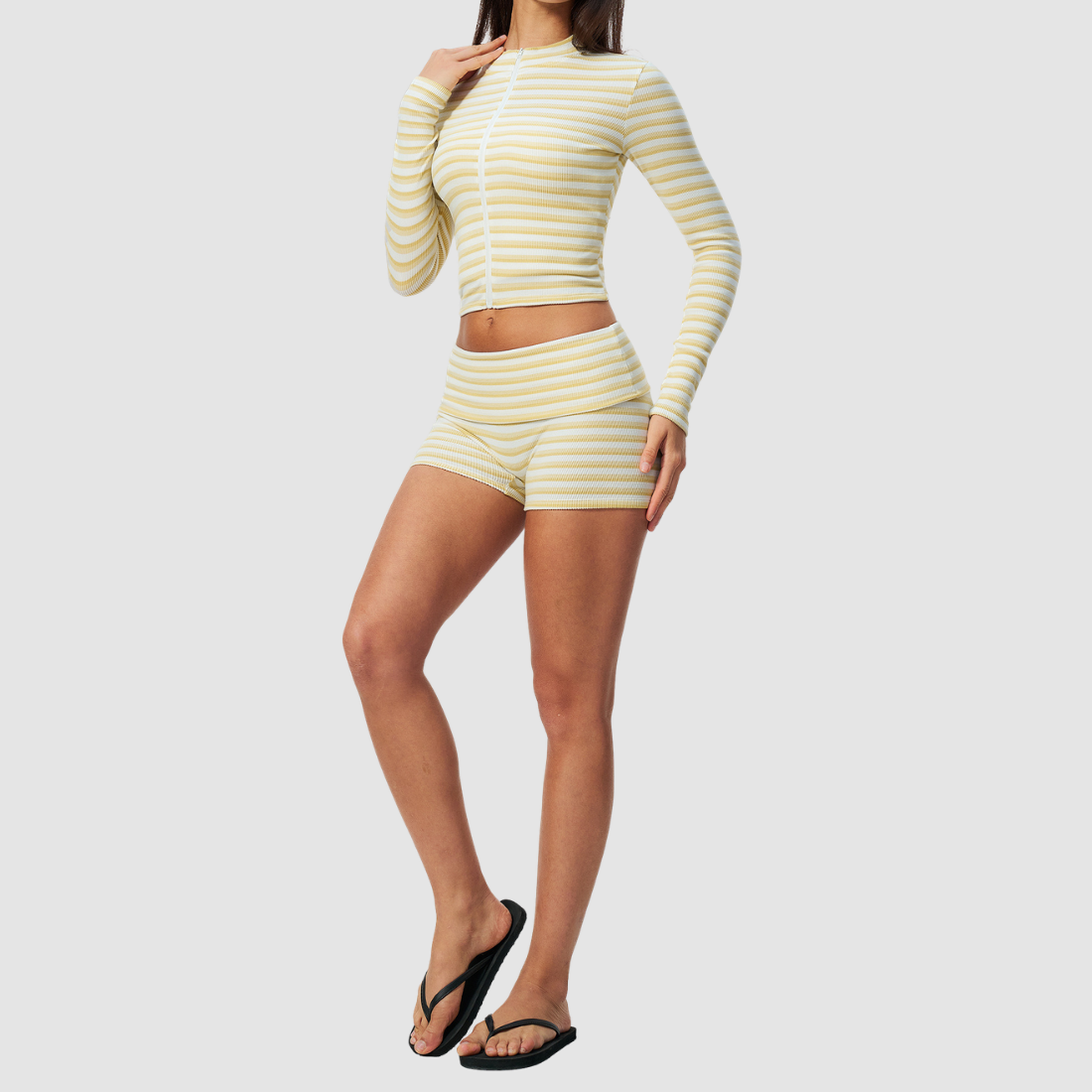 Wholesale Women's Stripe Yoga Set: Zip Stand-Collar Jacket & Shorts