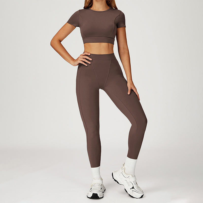 round-neck short sleeve sports crop top+high-waisted leggings set