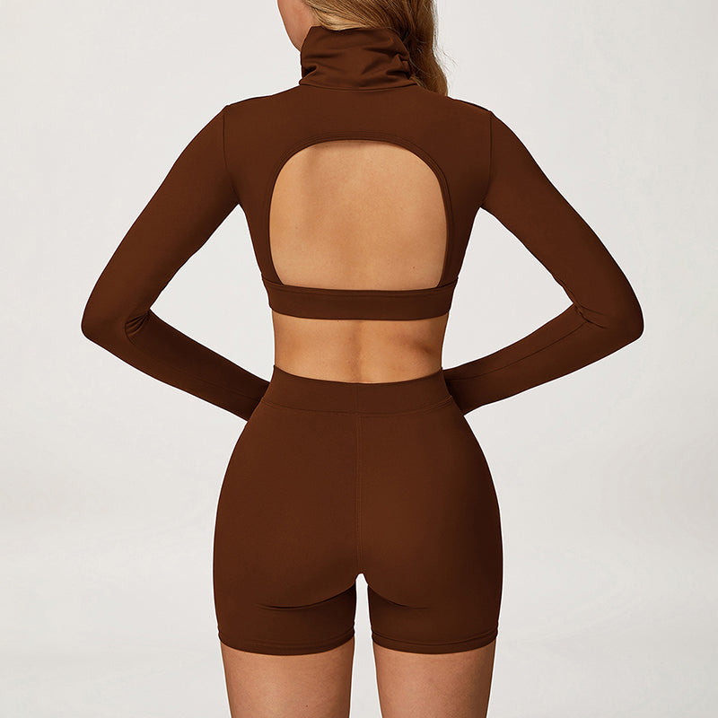 High-Neck Cropped Long Sleeve + Butt-Lifting Shorts 2-Piece Set