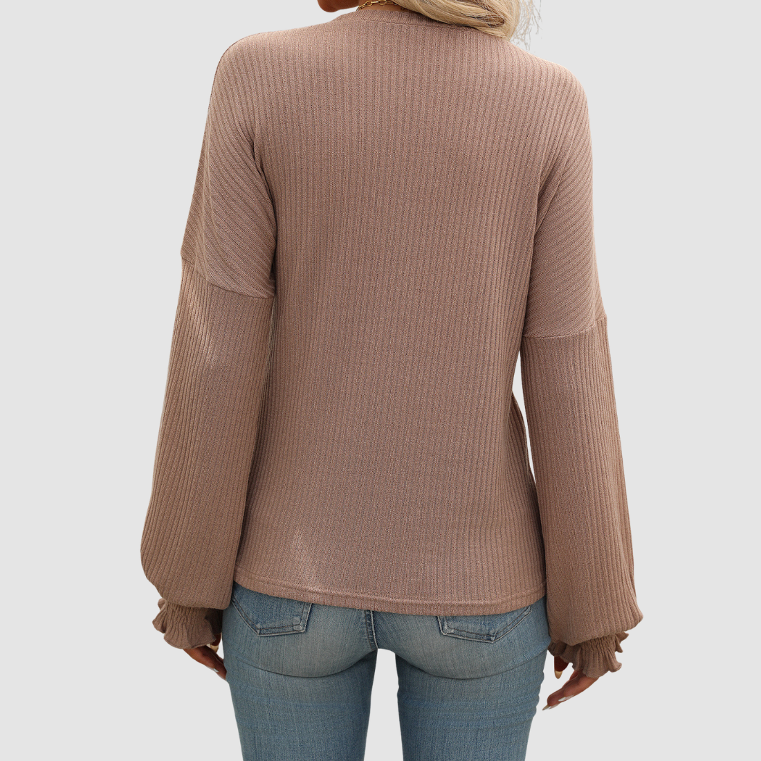Wholesale Women's Ribbed Long Sleeve T-Shirt – Loose Ruffle-Sleeve Top