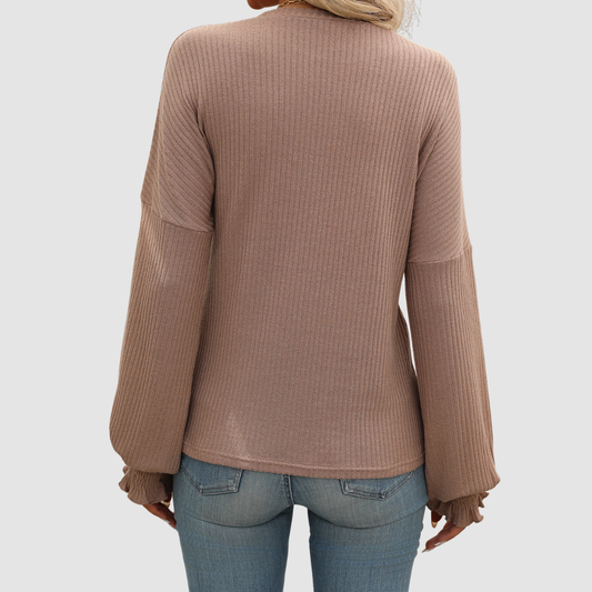 Wholesale Women's Ribbed Long Sleeve T-Shirt – Loose Ruffle-Sleeve Top
