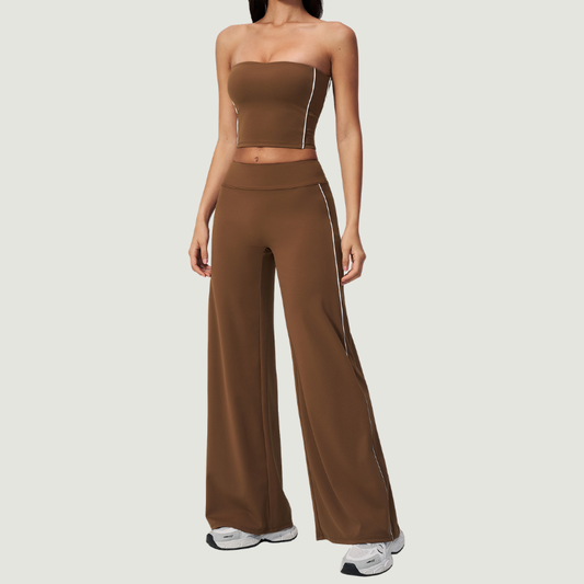 Wholesale Women's Brushed Strapless Tube Top & Wide-Leg Pants Set – Padded Yoga Fitness 2-Piece