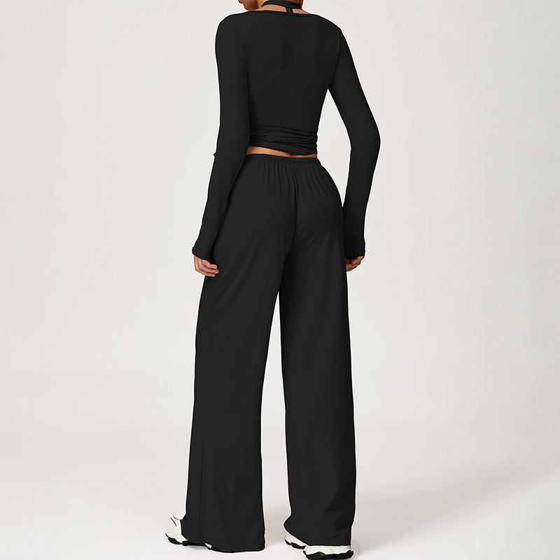 V-neck crop top+Open-back sleeveless crop+HIGH WAIST LEGGINGS 3-PIECE SET