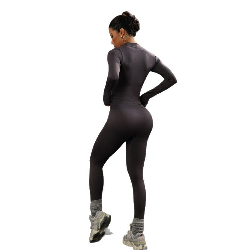 Slim-fitting zippered jacket + seamless trousers two-piece set