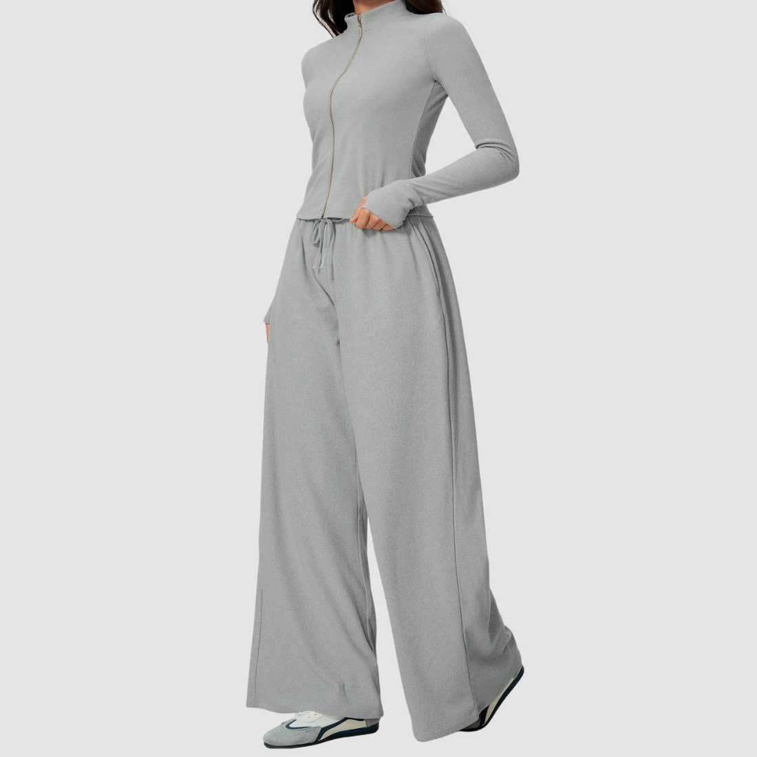 Wholesale Women's Stand-Collar Zip Jacket & Wide-Leg Pants Yoga Set