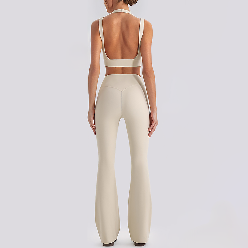 Wholesale Women's Open-Back Long Sleeve Crop Top & High Waist Leggings Set with Chest Pad
