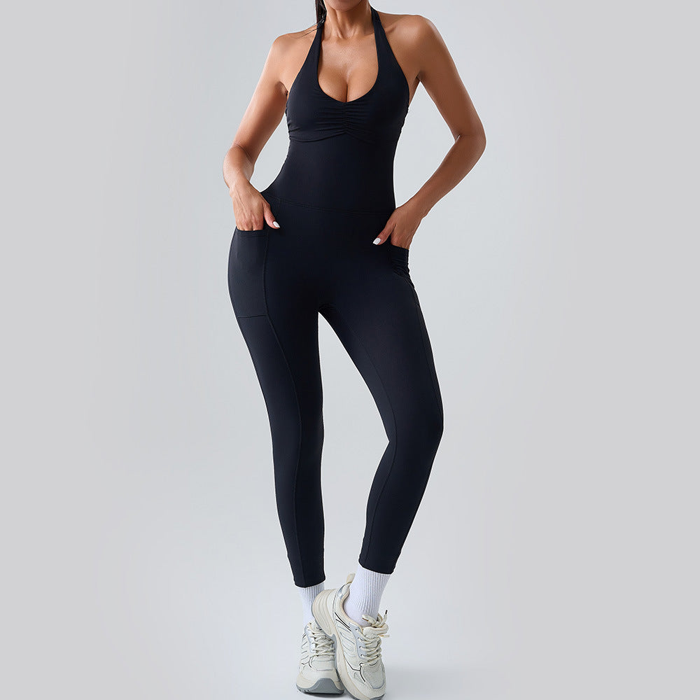 Halter hollow out quick dry sports jumpsuit