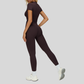Slim-fit stand-up collar short-sleeved top+Pleated waistband sport leggings 2-piece set