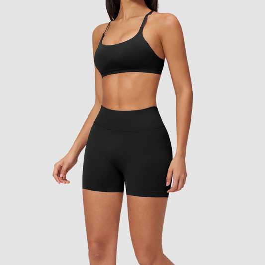 Wholesale Seamless Cross-Back Sports Bra & High-Waist Biker Shorts Set – Quick-Dry Yoga 2-Piece