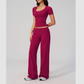 Wholesale Seam-Detail Cropped T-Shirt & Folding waist Flare Leggings Set