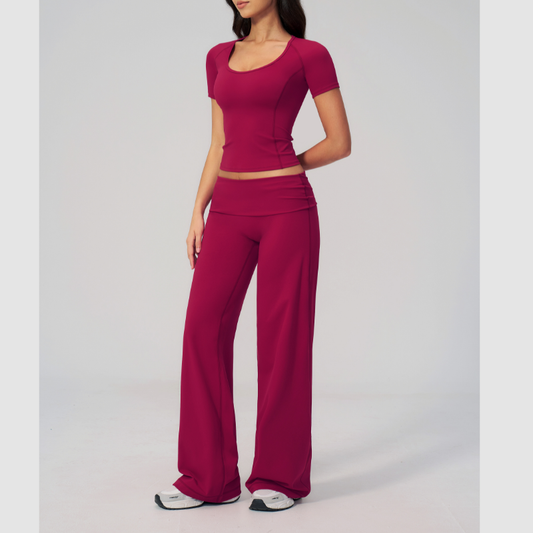 Wholesale Seam-Detail Cropped T-Shirt & Folding waist Flare Leggings Set